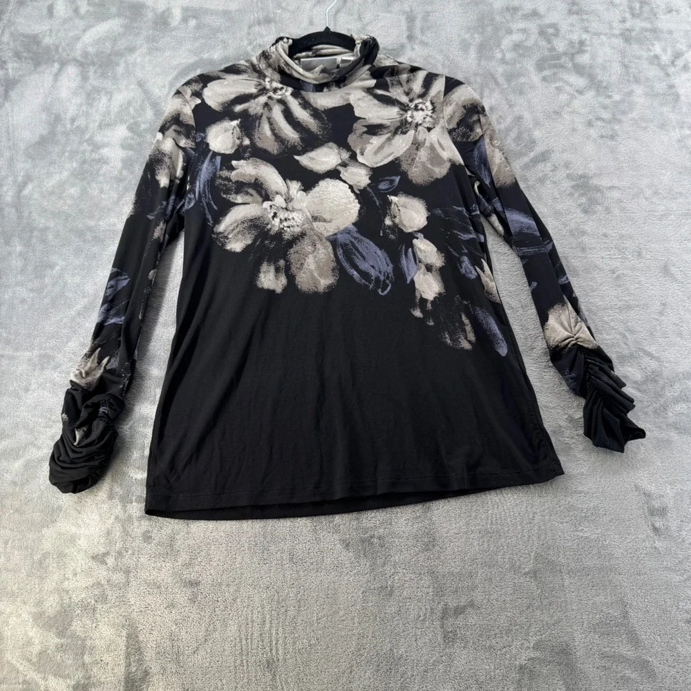 Susan Graver Mens Black Grey Floral Mock Neck Ruched Sleeve‎ Top XSP